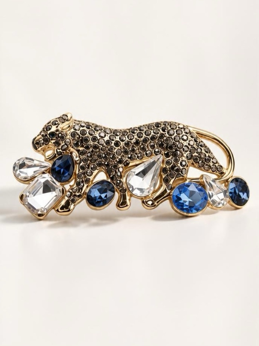 Gold Leopard Brooch with Blue and Clear Crystals - Picture 3 of 7